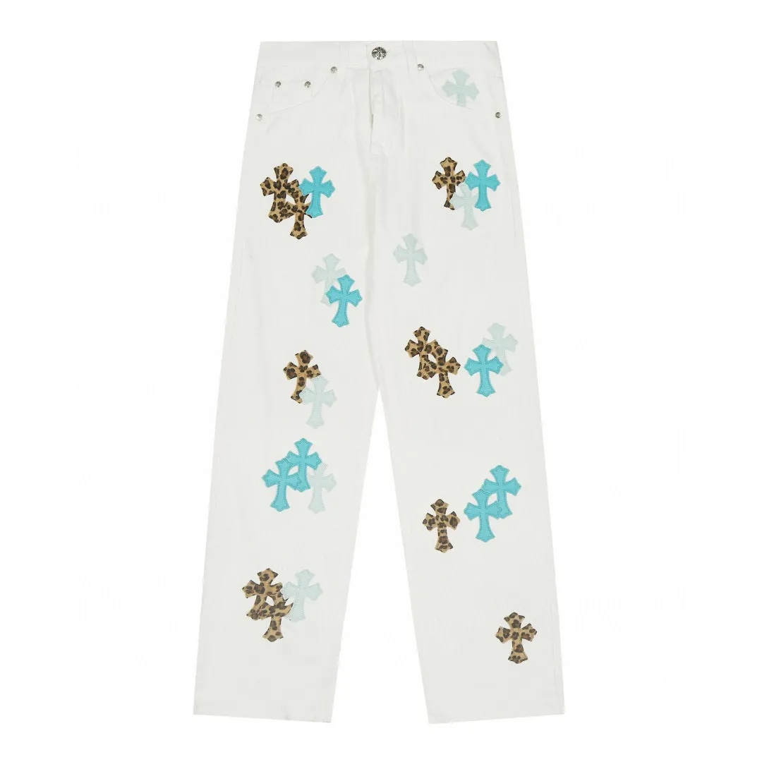 P260 💰 (Top version) Chrome Hearts/Chrome Hearts Classic daytime blue cow series colored leather cross washed color fabric unisex denim trousers Vibe style straight stacked god-level version Carbon fine bias denim color cloth Old vintage complete set of hardware - Chrome Hearts white cow series The high version uses high-ounce custom fabrics, fermentation washing and soft color fixation, soft and thick to wear, the details are all made by hand-polished craftsmanship, all-over printed jacquard fabric Unique design style. Through multiple processes to create a full retro feel. Unique niche non-contrast shirt. Customized distressed spray-painted buttons. Craftsmanship in every detail. Color: blue leather leopard print. Size: 28-30-32-34 (corresponding to S-M-L-XL)